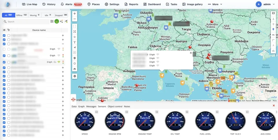 Το περιβάλλον GPScom Server: ζωντανός χάρτης στόλου, λίστα οχημάτων και όργανα τηλεμετρίας