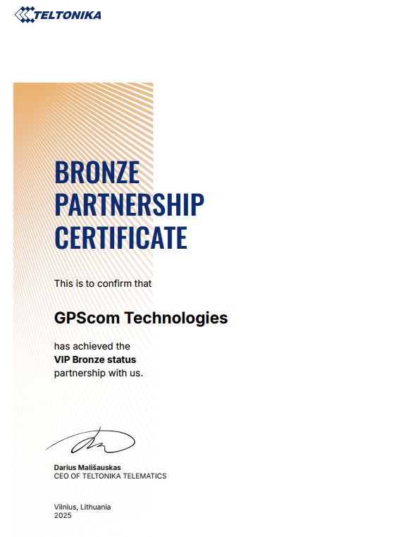 GPScom Technologies Teltonika Telematics Partnership Certificate