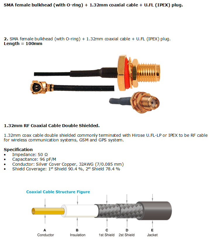 SMA female with O-ring 1.32mm coax to U.FL 10cm